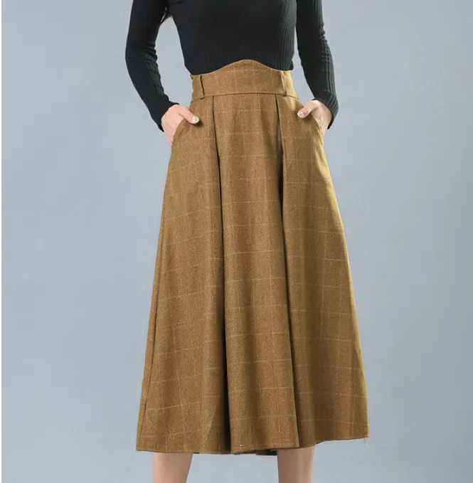Vestidos Офисная Женская клетчатая юбка осень зима шерстяная клетчатая юбка Женская высокая талия плиссированная шерстяная Макси Длинная юбка fw660