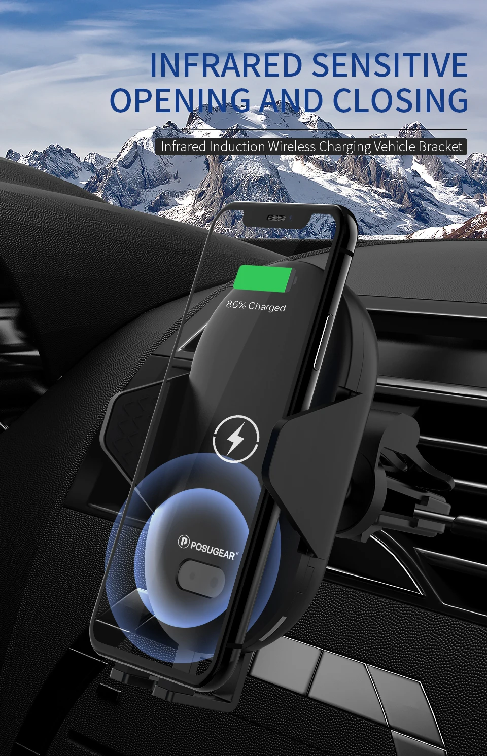Posugear автоматическое зажимное 15 Вт Беспроводное зарядное устройство Автомобильный держатель для iPhone 11 pro Xs Xr XSamsung S10 держатель для мобильного телефона