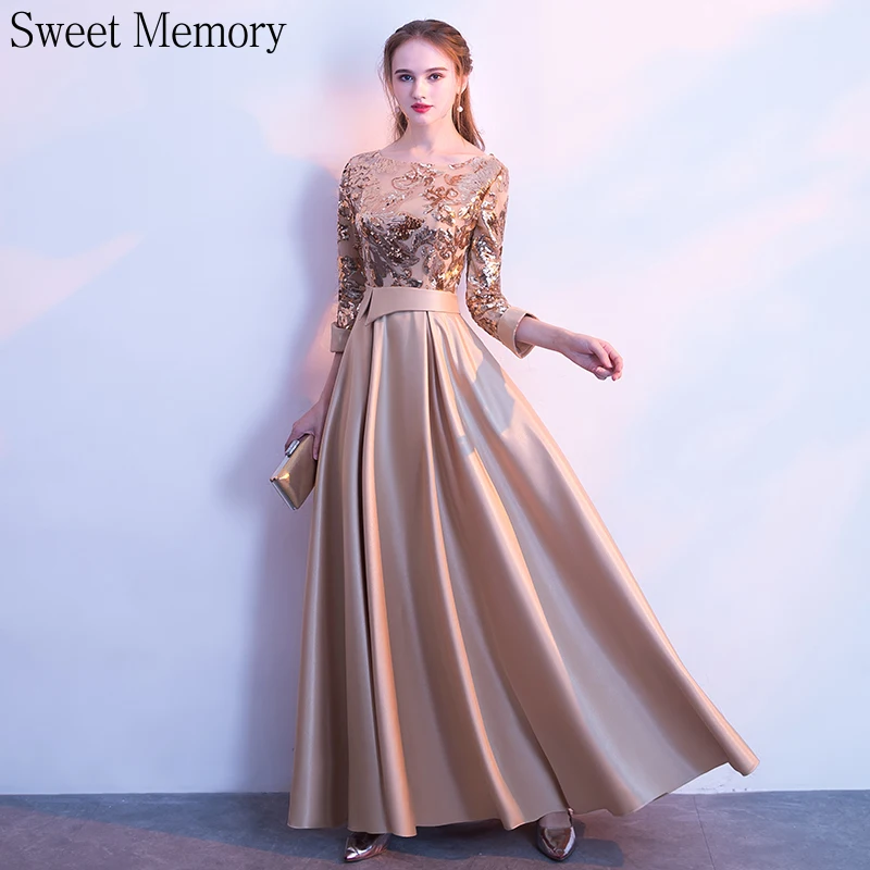 evening maxi dresses U1046 Vintage Long Dress O-Neck Evening Dresses Satin A-line Robe De Soiree Elegant Women Formal Wedding Party Gown plus size evening dresses