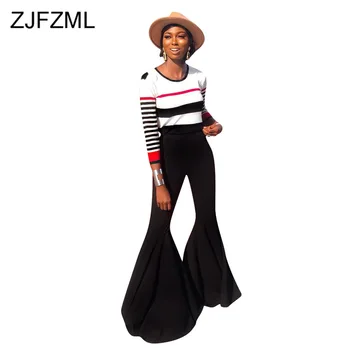 

Plus Size 2 Piece Outfits For Women Festival Clothes Striped Print Long Sleeve T Shirt +High Waist Bell Bottom Pant Matching Set