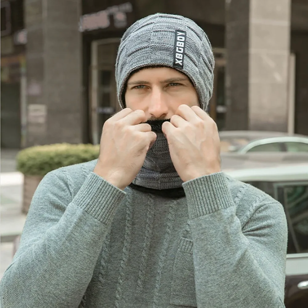Шапочка-шарф набор для мужчин осень зима пушистый вязаный шапка шеи Теплый головной убор