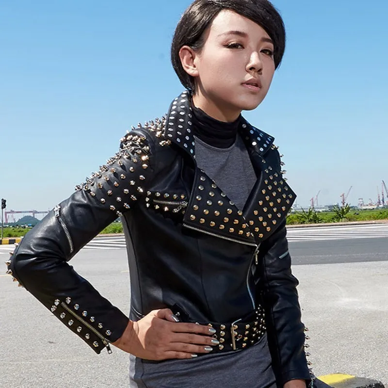 

Spring Autumn New Black Silver Motor Biker Jacket Rivet Womens Jackets Short Belted PU Leather Jacket Woman Chaquetas De Mujer