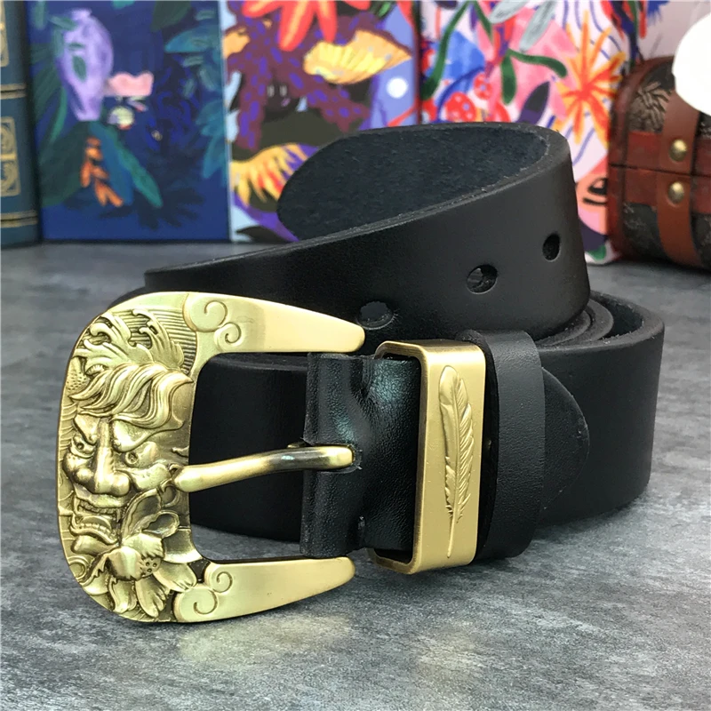 Мужской ремень из натуральной кожи, винтажный латунный ремень с пряжкой в виде черепа, мужской кожаный ремень с длинной талией, Cinturon Mujer Riem MBT0114