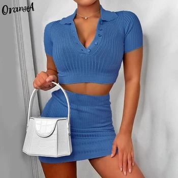 

OrangeA women v-neck sexy solid fitness button short sleeve crop top mini dress two piece set elastic hight ribbed summer outfit