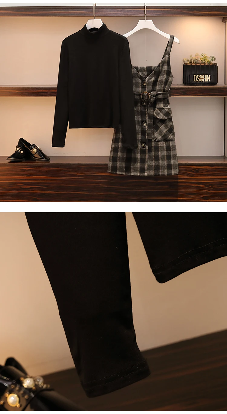 L-4XL размера плюс женское платье из двух частей зима мода Водолазка с длинным рукавом трикотажные хлопковые топы и Клетчатые Шерстяные Платья