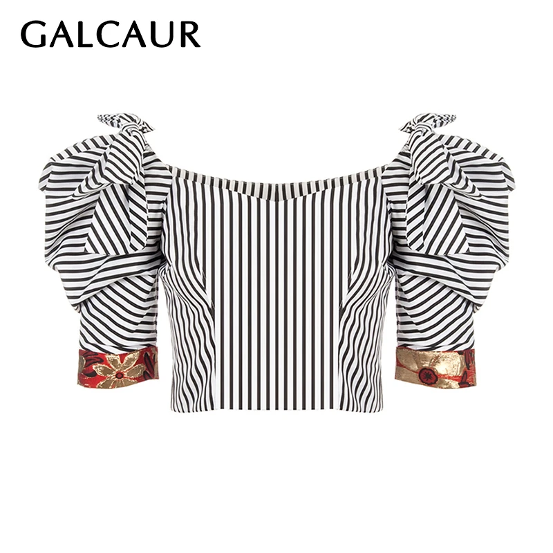 

GALCAUR Striped Shirt For Women Square Collar Puff Short Sleeve Hit Color Patchwork Bowknot Korean Blouses Female 2020 Clothing