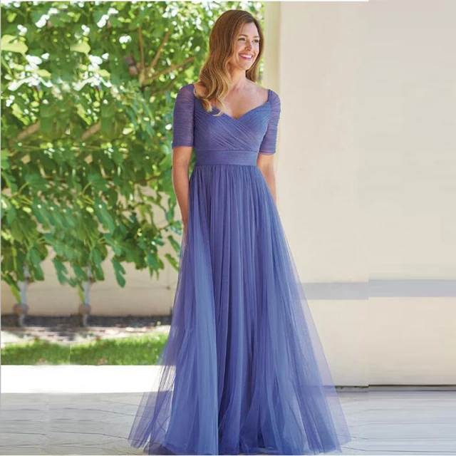 $US $82.80 Graceful A Line Lavender Tulle Short Sleeve Mother of the Bride Dresses Plunge V Neckline Pleated Wedding Party Gowns Back Out