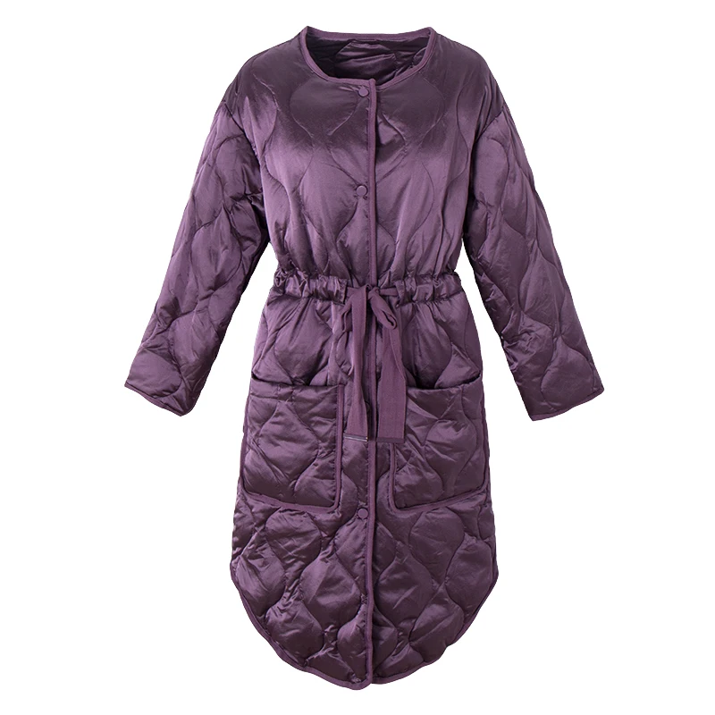 SuyaDream, женские Стеганые Длинные пуховые пальто, одноцветные, с поясом, Длинные теплые парки,, зимняя длинная верхняя одежда - Цвет: Фиолетовый