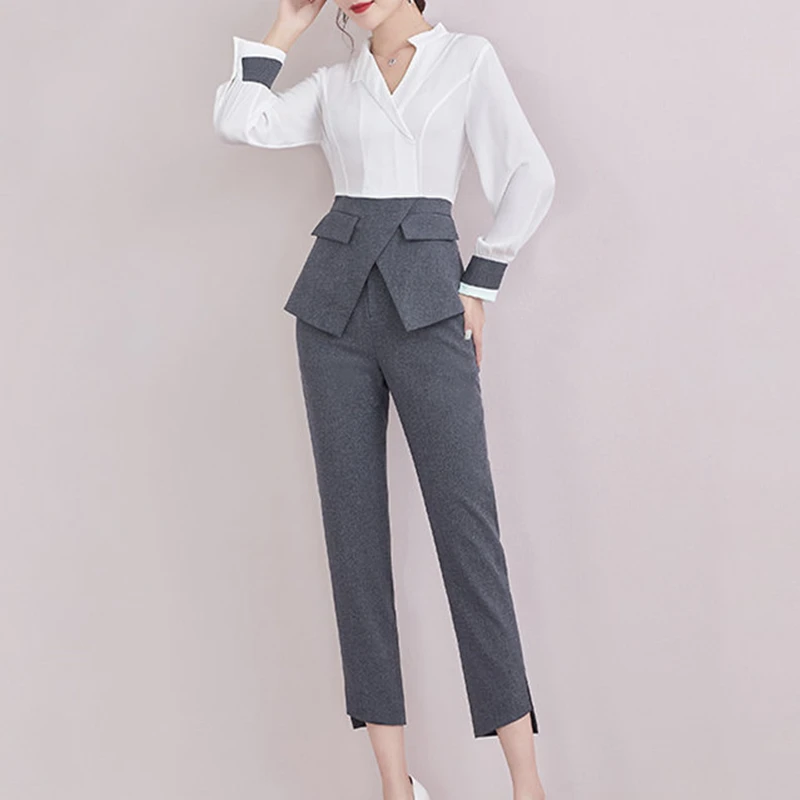 

Korean Style Two 2 Piece Set Women Fashion Chic White Gray Patchwork Long Sleeve Blouse And High Waist Slim Long Pants Suits