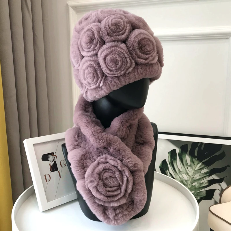 pale pinkish gray Новая модная меховая шапка для девочек, Женский Зимний натуральный настоящий мех кролика, шапка, шарф, люкс качество, женская натуральная меховая шапка, глушитель - Цвет: pale pinkish gray