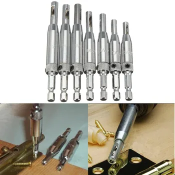 

7Pcs Center Drill Bit Door Self Centering Hinge Tapper Core Drill Bit Set Hole Puncher Woodworking Tools 5/64"- 1/4" Hex Shank