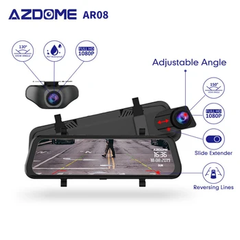 

AZDOME AR08 10" Mirror Dash Cam Streaming Media Full-Screen Touching ADAS Dual Lens Night Vision 1080P Front 720P Backup Car DVR