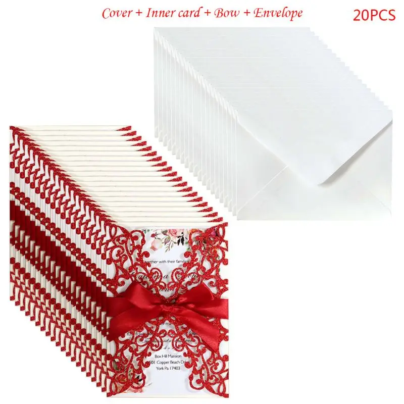 2020 New20 Pcs Glitter Wedding Invitation Cards Personalized Hollow out Cover Pockets - 4.00057E+12