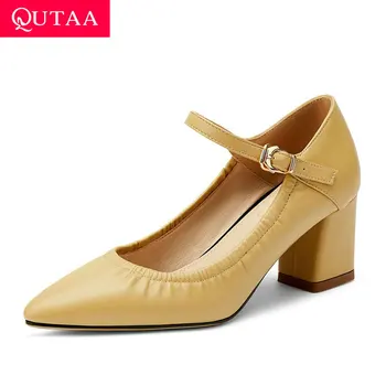 

QUTAA 2020 Pointed Toe Buckle Elegant Single Shoes Spring Square High Heel Women Pumps PU Leather Fashion Women Shoes Size 34-43