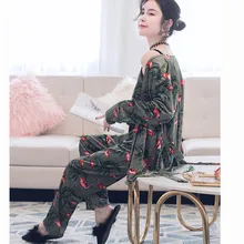 Золотой бархатный зимний сексуальный халат для женское с цветочным узором, одежда для сна, комплект с длинными рукавами, домашний сервис, женское нижнее белье, одежда для отдыха