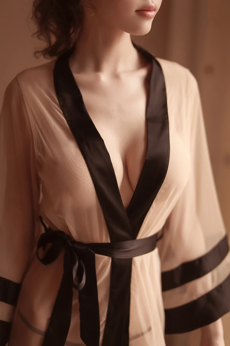 Yhotmeng сексуальный соблазнительный женский прозрачный сшивание с длинными рукавами бандаж сетчатый халат ночная рубашка пижамный комплект