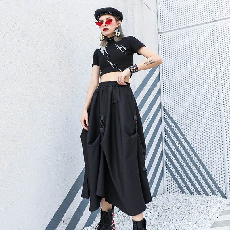[EAM] черная Асимметричная юбка с высокой эластичной талией и разрезом, женская модная юбка, Новинка весна-осень, 1H324