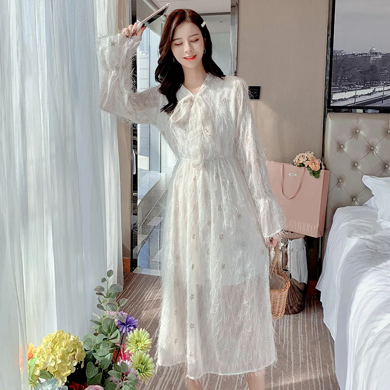 

2020 Spring Korean-style New Style Waist Hugging A- line Skirt Slimming Bell Sleeve Bow Mid-length Tassels Dress Women's