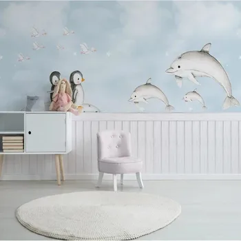 

milofi custom large wallpaper mural hand-painted Mediterranean whale penguin children's room bedroom background wall