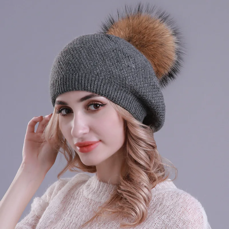 

Women's Wool Beret Hat Winter Knitted Cashmere Double Layer Berets with Raccoon Fur Pompom Autumn Warm Ladies Beanies Hat