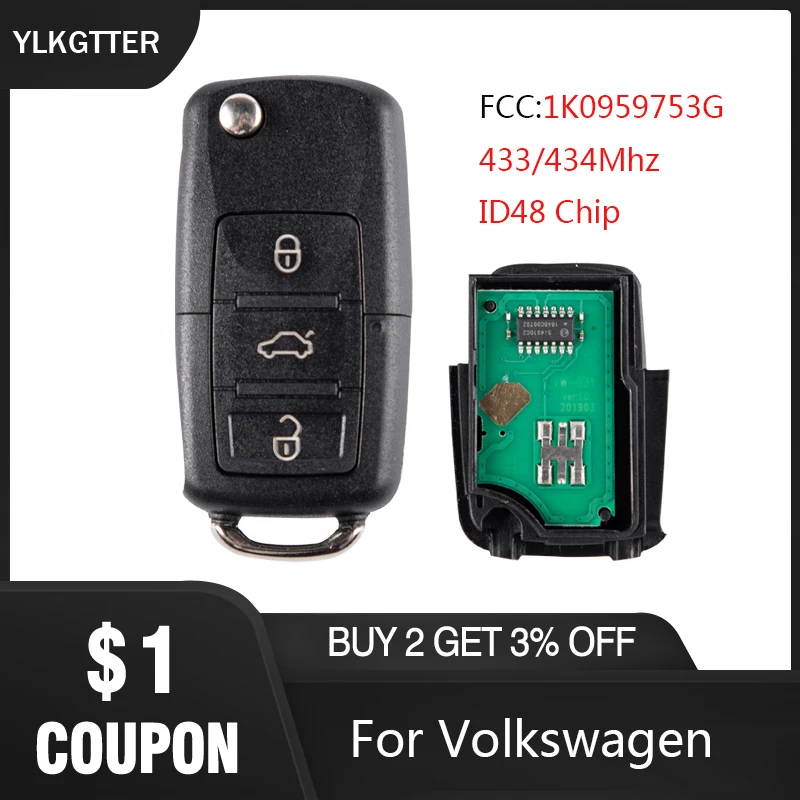 

YLKGTTER 434Mhz Remote Car Key for VW/Volkswagen Passat B5 B6 Skoda Tiguan Touran Golf Polo with 1K0 959 753 G ID48 Chip