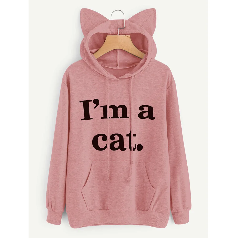 Женский зимний свитер с надписью I am a cat, черный свитер с капюшоном и длинными рукавами, пальто, спортивный пуловер с длинными рукавами, топы, новинка, 4 цвета