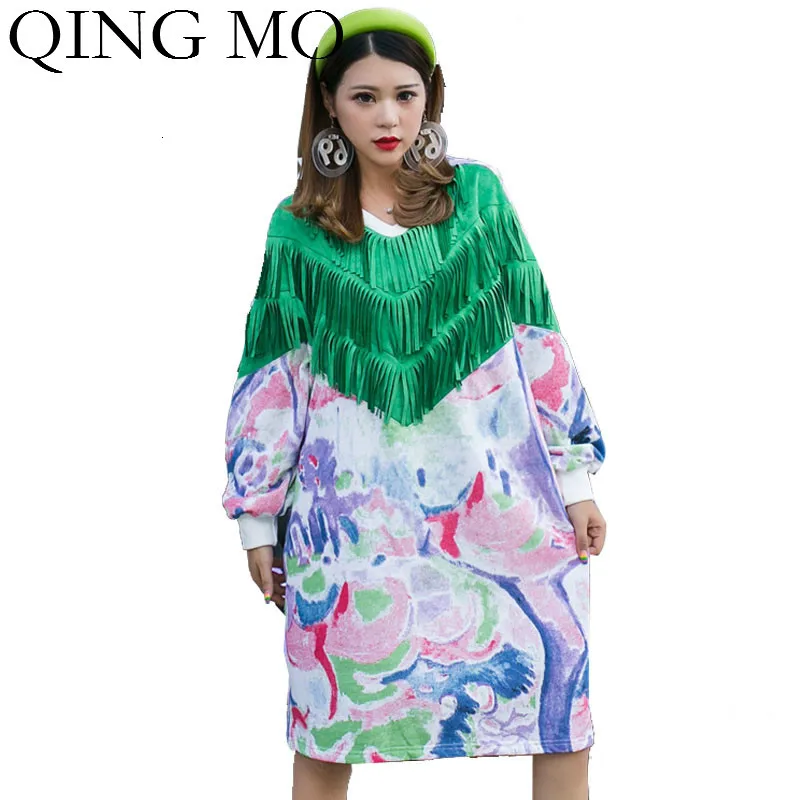 

QING MO Women Colorful Printed Dress With Tassel Women Plus Size Loose Dress V Neck Knee Length Dress 2019 Autumn ZQY1711