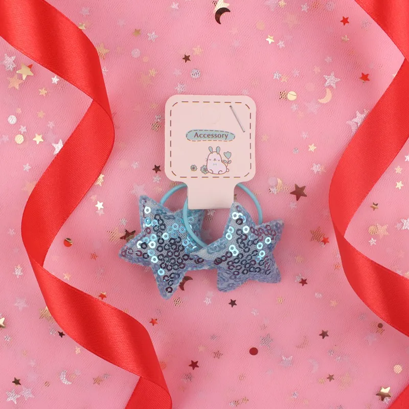 sky blue Модные нейлоновые резинки с круглыми блестками и пятиконечными звездами для девочек, эластичные резинки для волос, аксессуары для волос для детей, 2 шт - Цвет: sky blue