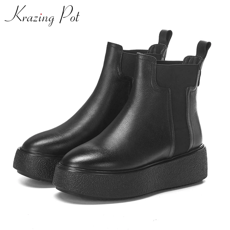 

krazing pot Chelsea boots thick bottom genuine leather round toe high heels metal buckle winter women warm black ankle boots L50