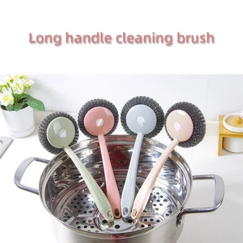 

Stainless Steel Wire Ball Brushes Long Handle Wash Pot Brushes Household Kitchen Stove Cleaning Ball Stainless Steel Scrubbers