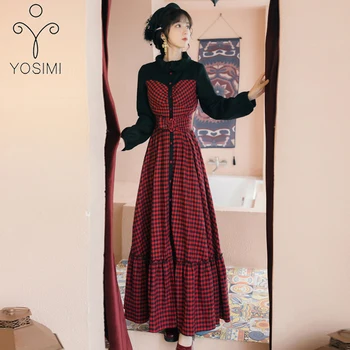

YOSIMI 2020 Spring Vintage Red Plaid Long Women Dress Fake Set Vestidos Full Sleeve Evening Party Elegant Dresses Ankle-Length