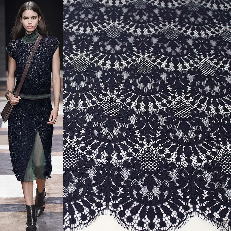 

Pearlsilk Korea Navy Blue Lace Fabrics 2.9meter Size 100%Polyester Material Autumn Women’s Dress The Sewing Cloth Freeshipping