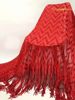 

5 Yards Black Modern Africa Sequins Long Tassel Lace Fabric W Wave Shape Embroidered Lace Bottom Two Way Stretch On Mesh DIY