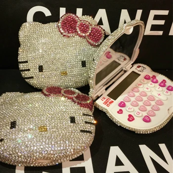

Handmade Diamond KT Cat Calculator Mirror Portable Makeup Decor Rhinestones Helloo Kitty Decorative Mirrors Cute Handheld Mirror