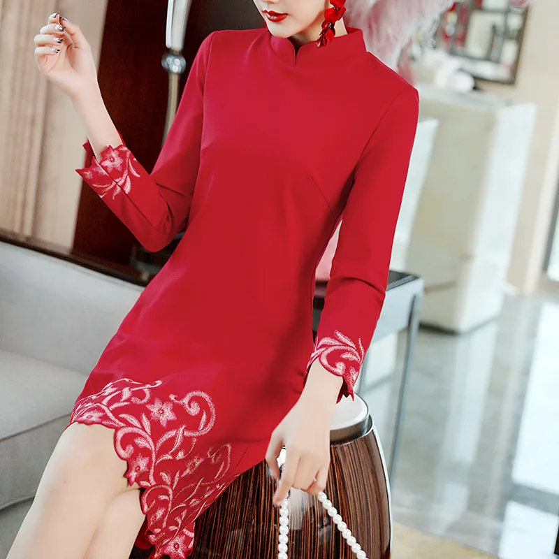 High Quality New Autumn Party Red Black Dress Women Lurex Embroidery Floral 3/4 Sleeve Bodycon Sheath Dress Plus Size XXXXL
