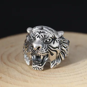 

925 Sterling Fashion Parts Cool Men's Retro Thai Silver Forefinger Rings Exaggeration White Tiger Adjustable Ring