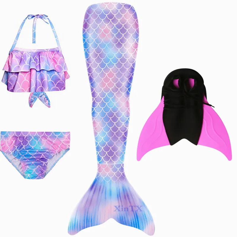 Новое поступление! хвосты маленькой русалки с монофонной гирляндой, очки для плавания, купальный костюм С флиппером, костюм русалки, купальник, платье - Цвет: 4PCS as picture show