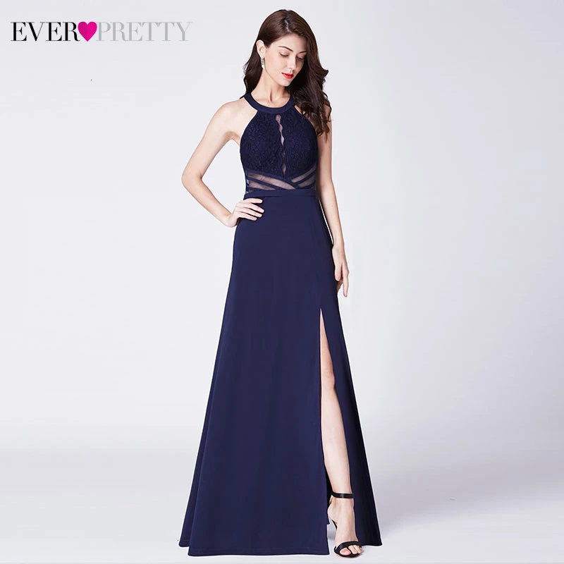 

Sexy Navy Blue Prom Dresses Ever Pretty A-Line Halter Sleeveless See-through Formal Evening Party Gowns Vestido Formatura 2019