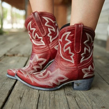 Botas bordadas de piel sintética para mujer, botines de vaquero con cuña y tacón alto, estampado de serpiente, Cowgirl occidental, 2020