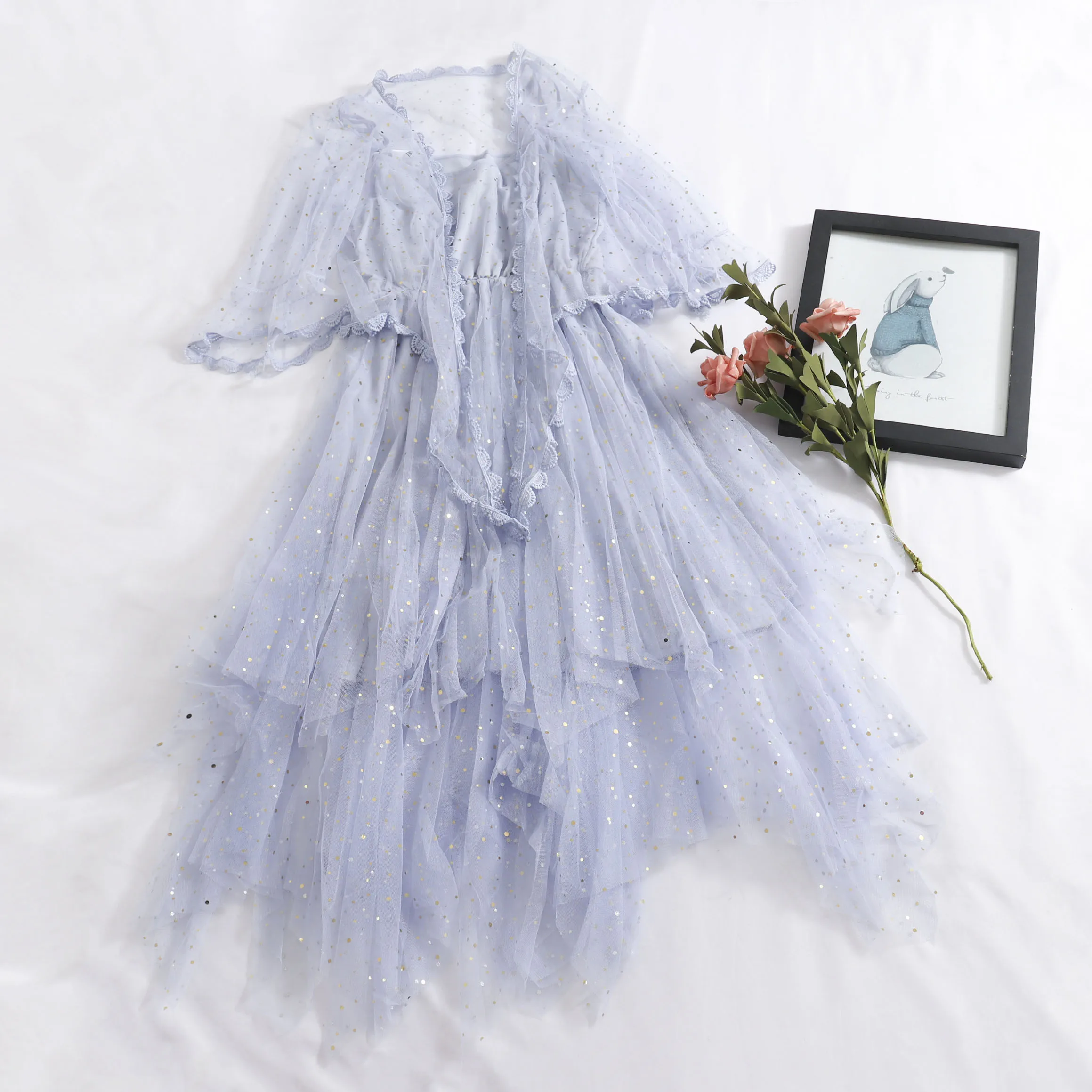 

2019 Women Summer V-neck Bling Sequined Irregular Mesh Gauze Lace Flower Dress Vintage Elastic Slim Tulle Voile Party Midi Dress