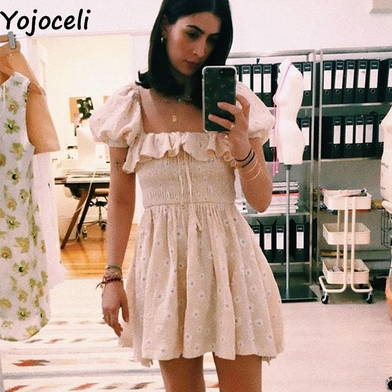 Yojoceli Sexy embroidery ruffle floral dress women Summer beach cute short dress female Elegant casual cool mini dress vestidos