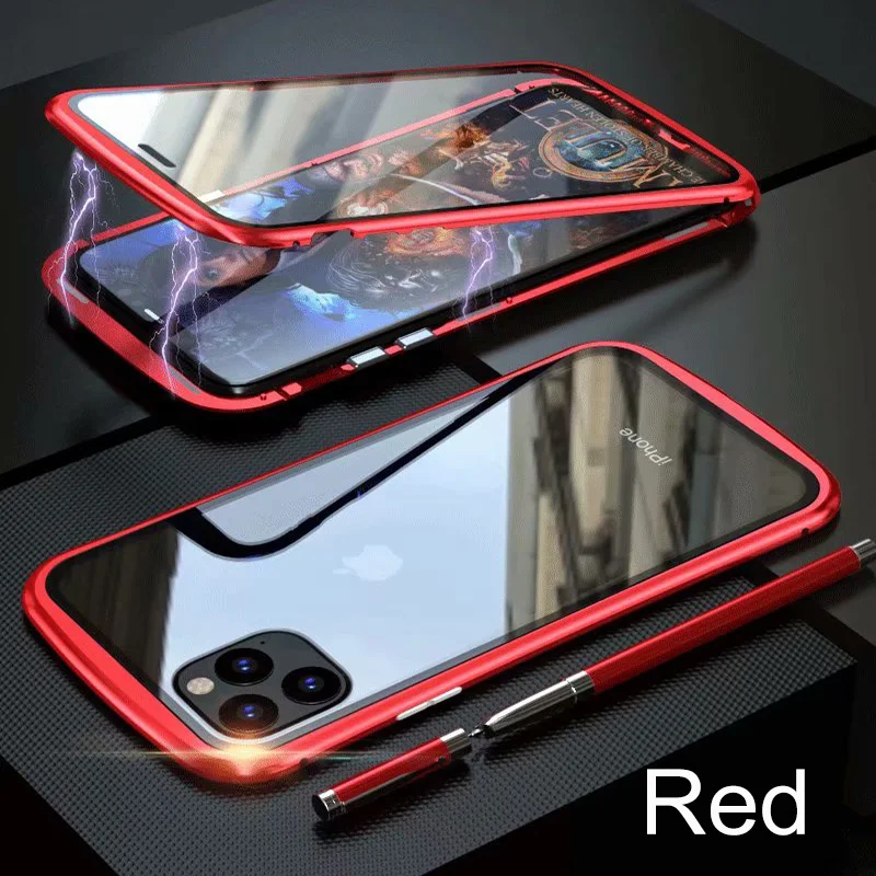 Двойное закаленное стекло чехол для iPhone 11 Pro Max чехол металлический бампер Магнитный противоударный чехол для iPhone 11 Pro X XR XS Max Coque - Цвет: Красный