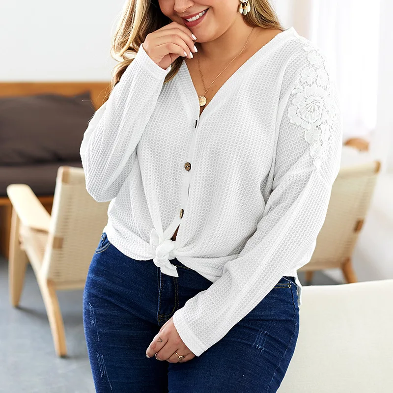 Осенняя футболка большого размера Женская 6XL 7XL 8XL 9XL 10XL бюст 169 см модная аппликация с длинными рукавами сексуальный v-образный вырез на пуговицах кардиган