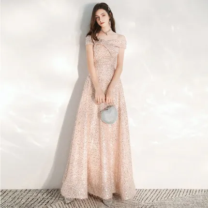 boat neck pink Это Yiiya вечернее платье, расшитое блестками, рукав три четверти, длина до пола, Платье De Soiree LF179, ТРАПЕЦИЕВИДНОЕ вечернее платье с v-образным вырезом - Цвет: boat neck pink