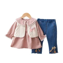 Primavera bebé niñas ropa de moda de los niños vestido a cuadros chaleco pantalones 3 unids/set otoño niño traje Casual niños chándales de algodón