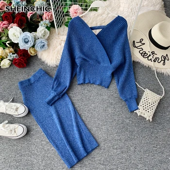 

High Quality 2019 Women Two Piece Set Vintage Long Sleeve Chic Tops Pullover+Skirt Blue/Pink/Black Autumn 2 Piece Set Female