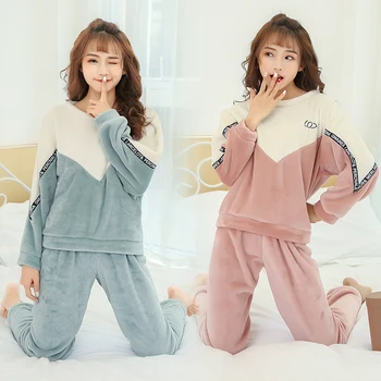 

2020 Winter Long Sleeve Thick Warm Flannel Pajama Set for Women Coral Velvet Sleepwear Pyjama Homewear Pijama Mujer Home Clothes