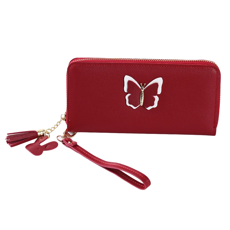 Jujube red Кошелек с аппликацией в виде бабочки, Женский чехол для телефона с ручкой на запястье, Длинный кошелек, карман для денег, сумка, женские кошельки и кошельки - Цвет: Jujube red