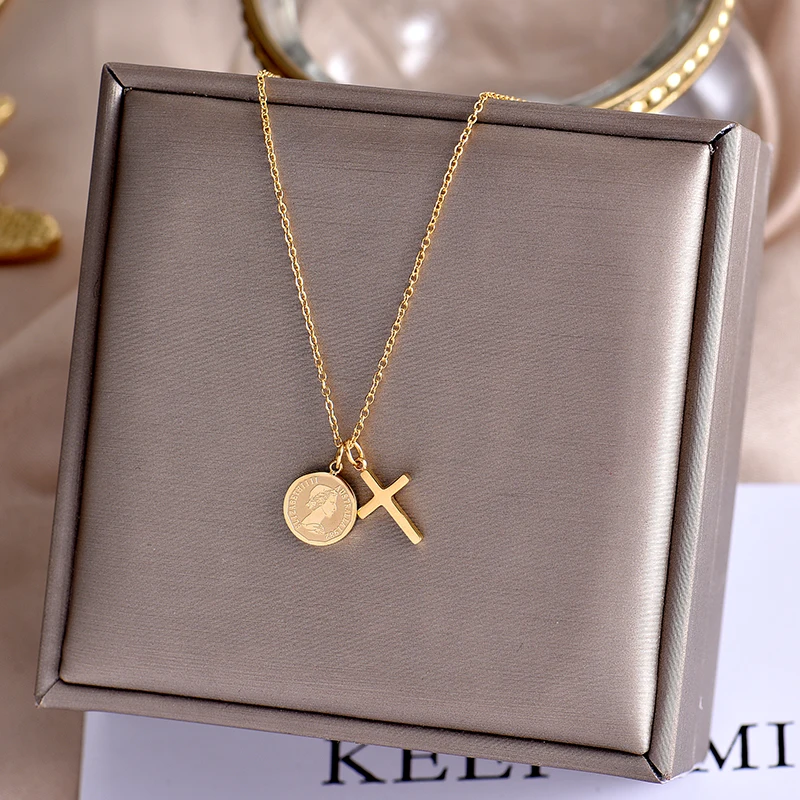 

YUN RUO Vintage Queen Coin Cross Pendant Necklace Rose Gold 316 Titanium Steel Jewelry Woman Gift Not Change Color Drop Shipping