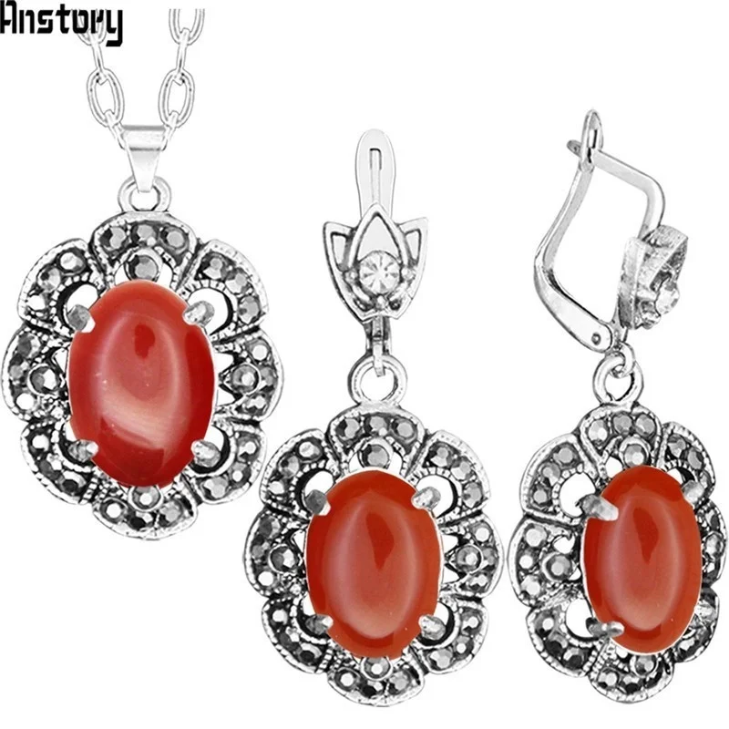 Vintage Agate Jewelry Set Natural Stone Necklace Earring Rhinestone Flower Antique Sliver Plated For Fashion | Украшения и